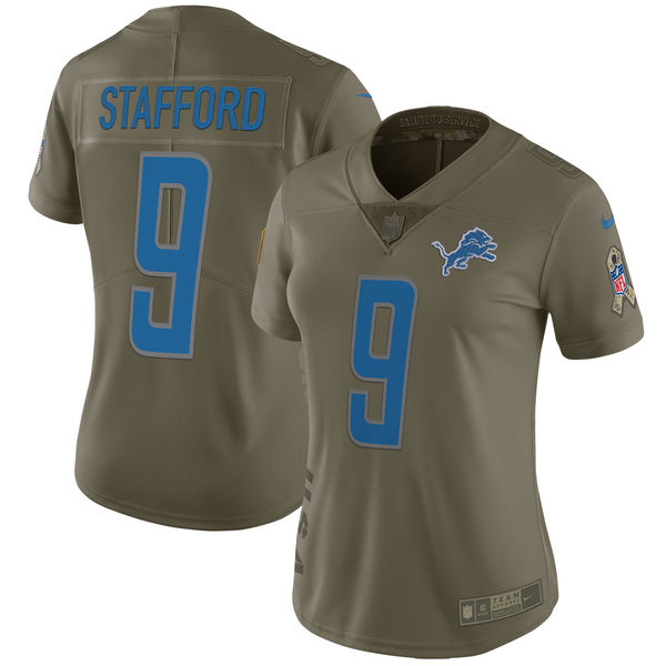 Women Detroit Lions #9 Stafford Nike Olive Salute To Service Limited NFL Jerseys